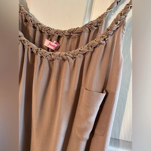 FOUNTYS Anthropologie 100% Silk Taupe Camel Gold Embellished Strap Tank Sz SM - Picture 3 of 10